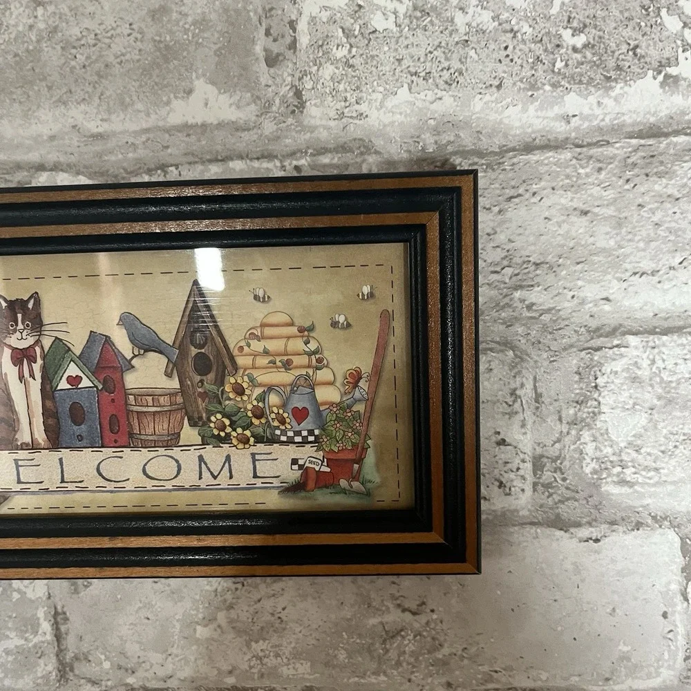 Vintage Primitive Country Folk Art Framed Welcome Cat Bees Garden Bird